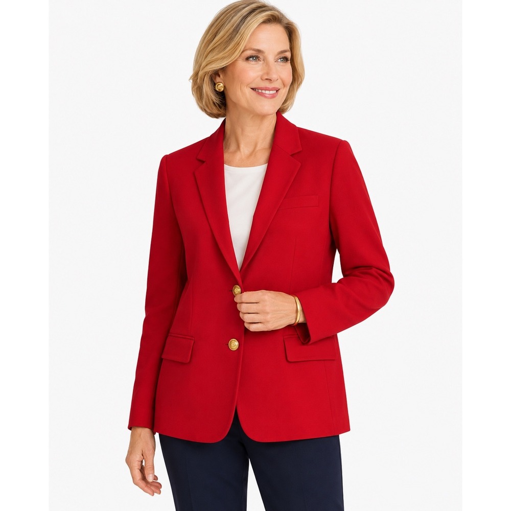 Talbots Petites Red Linen Viscose Blazer Gold Crest Buttons 14P Italian‎ Fabric